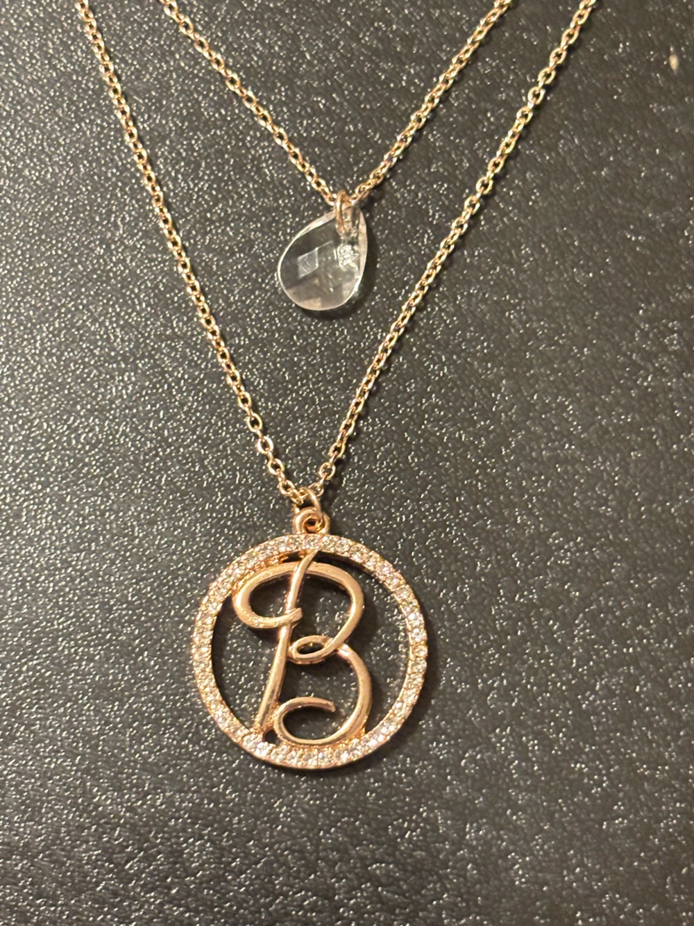 Rose Gold Tone Layering Initial 'B' Cursive Rhinestone Pendant With Faceted Bead